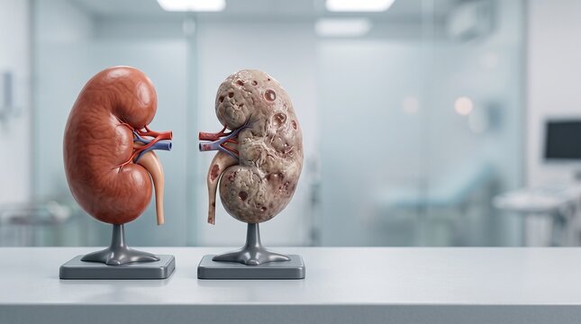 Healthy and Diseased Kidney Models on Display.
