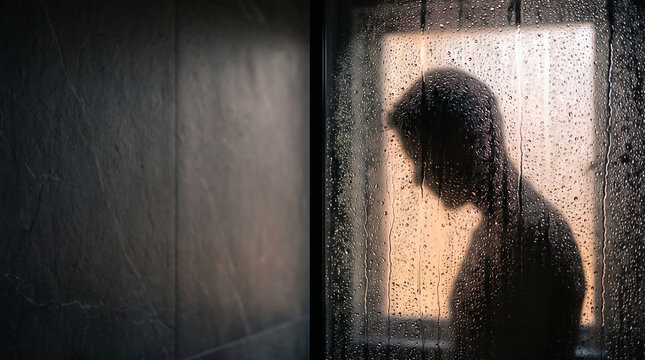 Depressed Man Silhouette Standing Behind Wet Glass Panel in Shower, Concept of Mental Health Sadness Loneliness and Emotional Stress with Dark Textured Copy Space Background