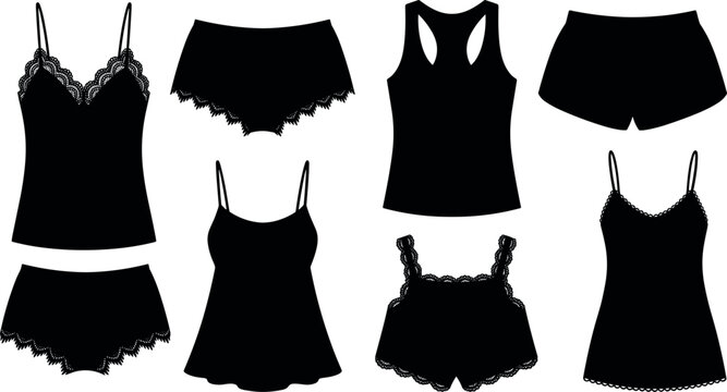 Black silhouettes of lingerie and sleepwear items are displayed on a white background