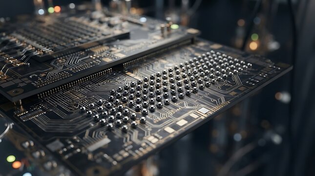 Macro view of advanced electronic circuit board with BGA solder balls for computer hardware manufacturing