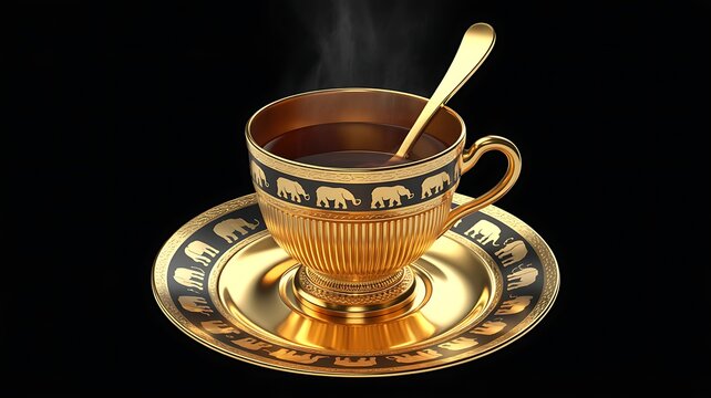 A luxurious golden coffee cup with intricate elephant patterns served on a matching saucer featuring soft steam against black