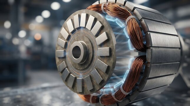 Close up view of an electric motor rotor and stator with copper wire windings highlighting industrial engineering and modern manufacturing component design