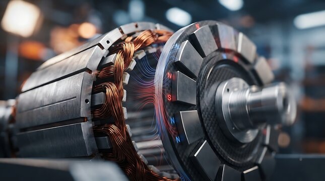 Close up view of electric motor internal components showing copper wire windings and magnetic rotor assembly for industrial machinery engineering
