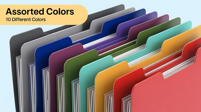 A product photo of assorted hanging file folders in ten different vibrant colors organized for efficient office document storage