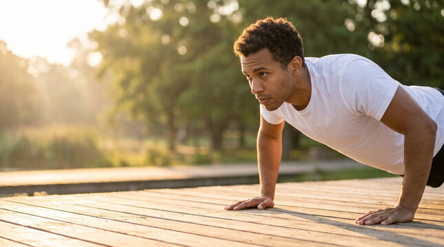 Determined Young Athletic Man Doing Push Up Exercise on Wooden Path in Public Park Early Morning Golden Hour Calisthenics Bodyweight Workout Copy Space Banner Background
