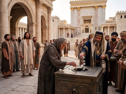 Widow giving offering at Jerusalem Temple treasury