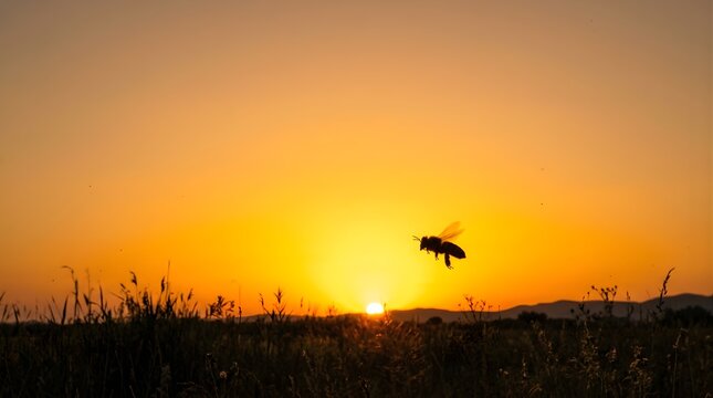 Silhouette of a bee flying over a meadow at sunset with golden sky