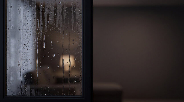 Raindrops and Condensation on Window Glass with Blurred Warm Living Room Interior Background Moody Autumn Rainy Day Banner Concept with Negative Copy Space