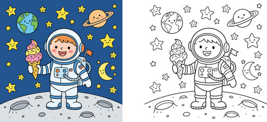 Cute Little Astronaut Boy Holding Ice Cream on the Moon with Planets and Stars Coloring Page and Color Vector Illustration for Kids © MSTA
