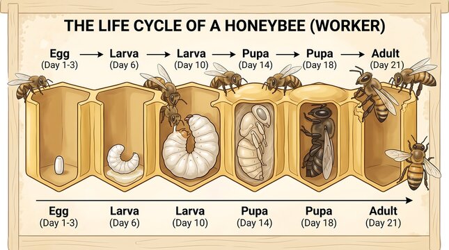 Honeybee life cycle diagram, worker bee biological stages from egg to adult, educational nature infographic for science study