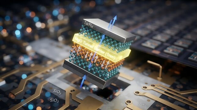3D visualization of a magnetic tunnel junction semiconductor component on a microchip circuit board for advanced computer hardware research