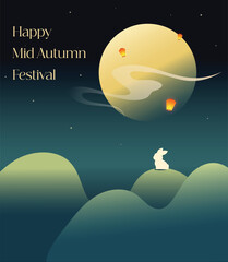 Atmospheric Mid-Autumn Festival night scene featuring a luminous full moon, flying lanterns, a jade rabbit, misty mountains, and a deep blue starry sky. Traditional Asian holiday illustration for fest © Dũ Minh