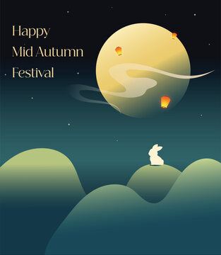 Atmospheric Mid-Autumn Festival night scene featuring a luminous full moon, flying lanterns, a jade rabbit, misty mountains, and a deep blue starry sky. Traditional Asian holiday illustration for fest