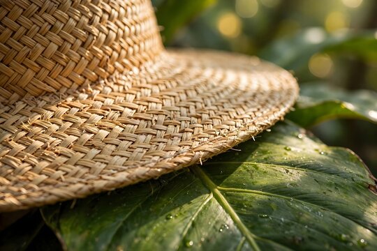 Straw Hat on Green Leaf with Morning Dew