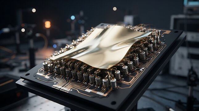 Advanced semiconductor chip prototype with golden flexible surface mounted on complex electronic circuit board in high tech laboratory research environment