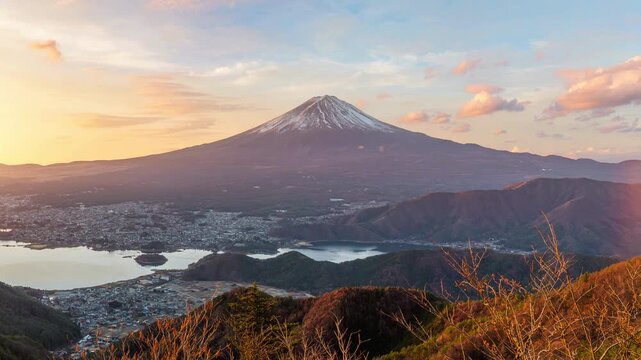 Time lapse of Fuji mountain at sunrise, Japan.