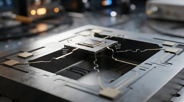 Close up of a advanced quantum processor chip mounted on a specialized testing rig inside a laboratory environment
