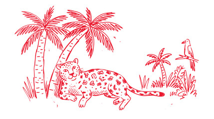 Naklejka premium Hand Drawn Leopard in Tropical Jungle with Palm Trees and Bird Line Art Vector Illustration