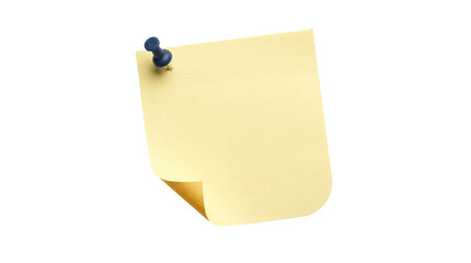 Yellow sticky note with blue push pin, blank adhesive paper for office reminders, curled corner memo pad on white background © Graphics Stock
