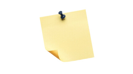 Yellow sticky note with blue push pin, blank adhesive memo pad on white background, office reminder paper with curled corner © Graphics Stock