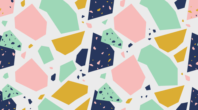 Abstract terrazzo pattern featuring geometric colorful stone shapes on light grey backdrop