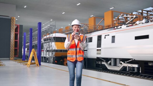 Front View of Asian Female Engineer Use Smartphone While Walking at Train Locomotives Maintenance Depot Scaffolding
