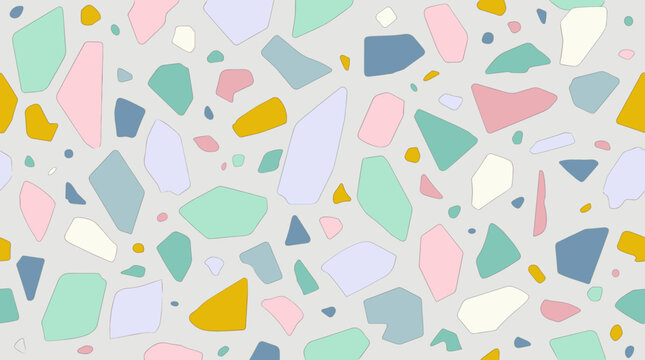 Abstract terrazzo pattern with light grey background and multicolored pastel stone pieces