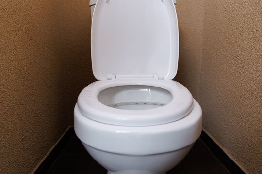 Toilet bowl in clean bathroom room, sanitary plumbing equipment and hygiene concept