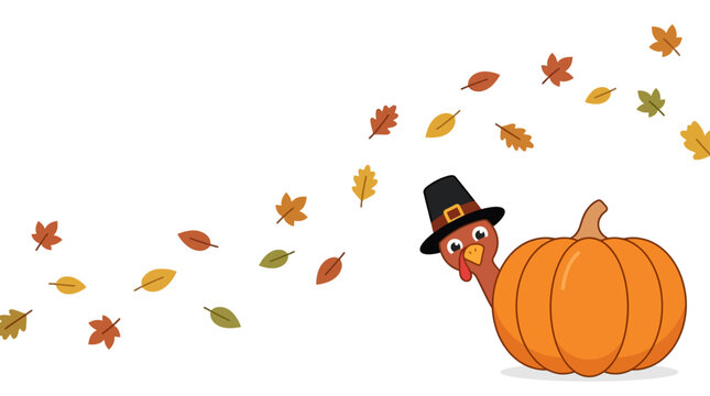 Turkey wearing a pilgrim hat hides behind a large orange pumpkin as autumn leaves blow across a white background.