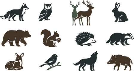 Fototapeta premium Flat vector icons of forest animals and wildlife silhouettesPrint