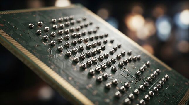 Macro view of a computer processor chip showing intricate solder ball connections on a green printed circuit board with a soft blurred background