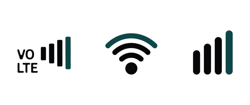 Mobile Connectivity Icon Set with WiFi, VoLTE, cellular signal strength, network indicators, and status bar symbols for smartphone UI design, vector illustrations.