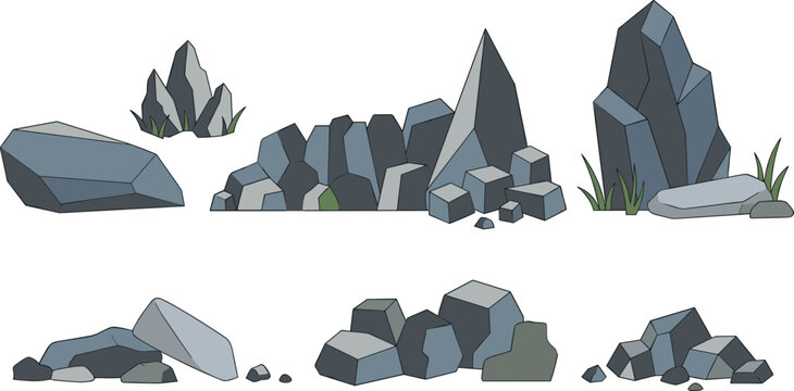 Gray stones and rock boulders vector illustration set featuring geometric mineral piles sharp cliff crags and mountain boulders isolated on white background