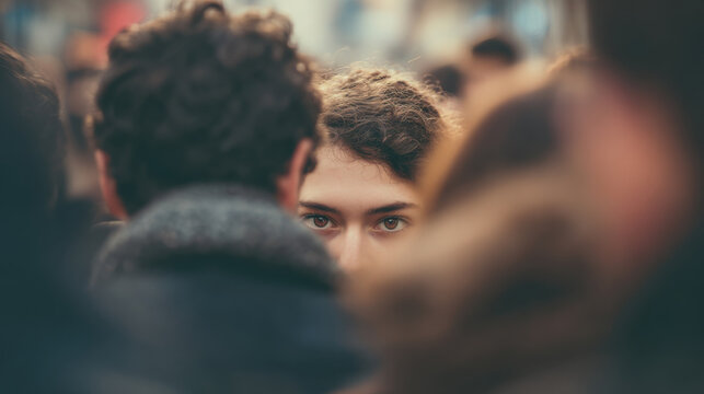 Young person's eyes peering through a crowd, feeling observed