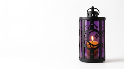 Obraz premium Decorative black lantern with purple glass and glowing candle inside isolated on white background