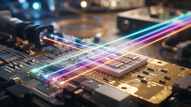 Abstract visualization of optical computing and high speed data transmission over a modern printed circuit board with glowing colorful light beams