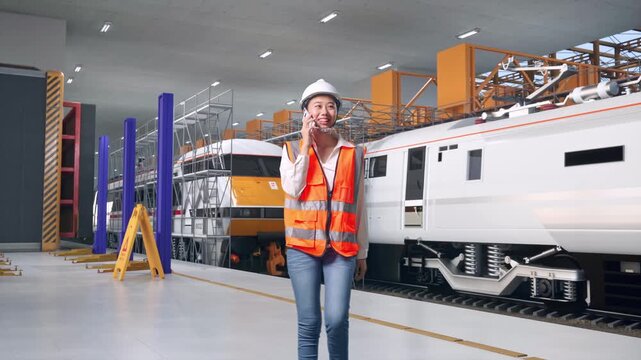 Front View of Asian Female Engineer Talking On Smartphone While Walking at Train Locomotives Maintenance Depot Scaffolding