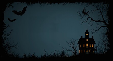 Fototapeta premium Bat and haunted house border frame with eerie copy space for Halloween, Silhouetted bats and a haunted house framing eerie space for Halloween messages with copy space on the left side