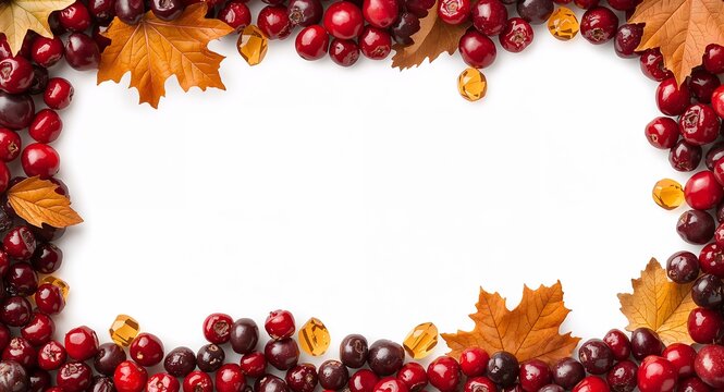 Cranberries and maple syrup border frame with harvest copy space for Canadian Thanksgiving, Bright cranberries and flowing maple syrup framing harvest space for Canadian Thanksgiving messages