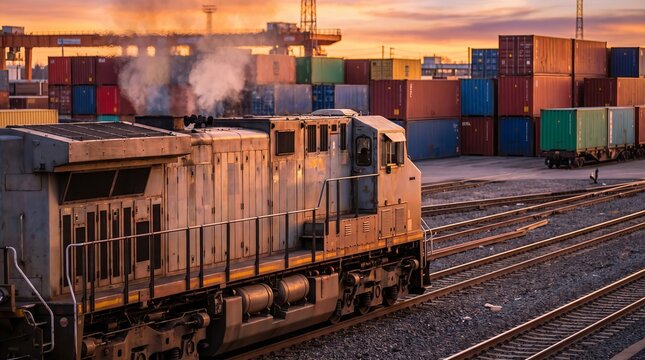 Cargo train head illuminated by dramatic sunset rays, busy railway yard filled with colorful shipping containers, urban transportation logistics concept