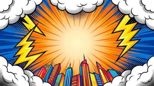 Comic Style City Skyline with Lightning and Dynamic Sunburst