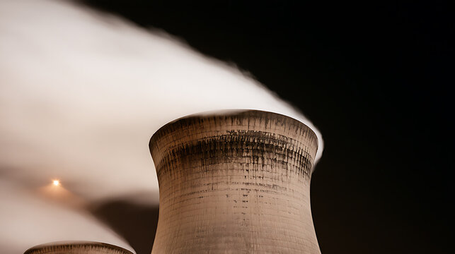 Industrial nuclear power plant cooling towers release massive clouds of white steam into the dark night sky during operation at facility