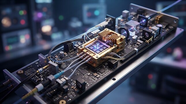 Advanced photonic processor chip on electronic circuit board with fiber optic connections in a high tech laboratory research environment