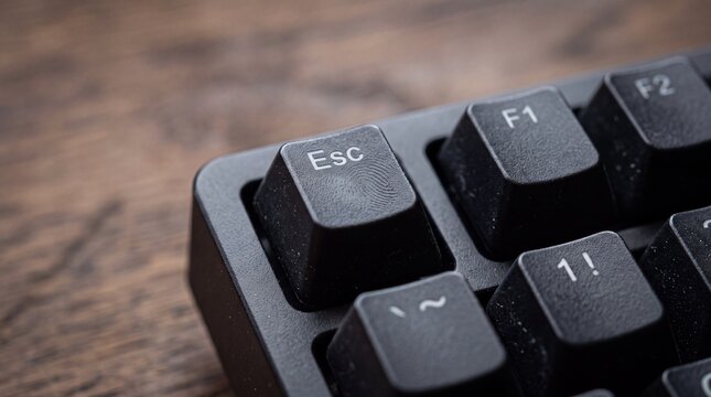 Black mechanical computer keyboard featuring the escape key button resting on a rustic wooden desk surface.