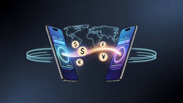 Digital payment transfer between two phones with global currencies exchange 