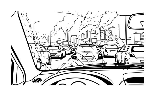 Car Driver Point of View Traffic Jam Smog Industrial Air Pollution Line Art Vector