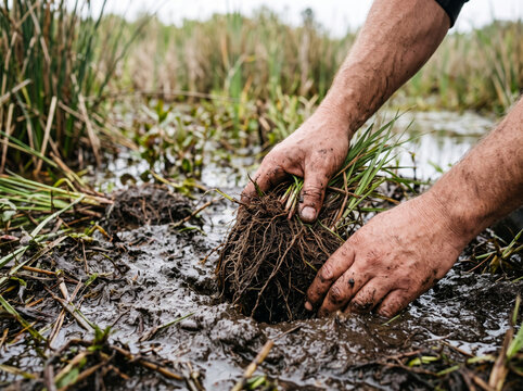 Planting Wetland Reed Root Clump In Wet River Mud
