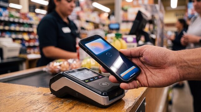Customer making a contactless mobile payment with a smartphone over a POS terminal at a supermarket checkout counter.