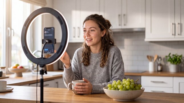 Young woman influencer recording a video blog on smartphone with ring light while drinking coffee in modern kitchen.