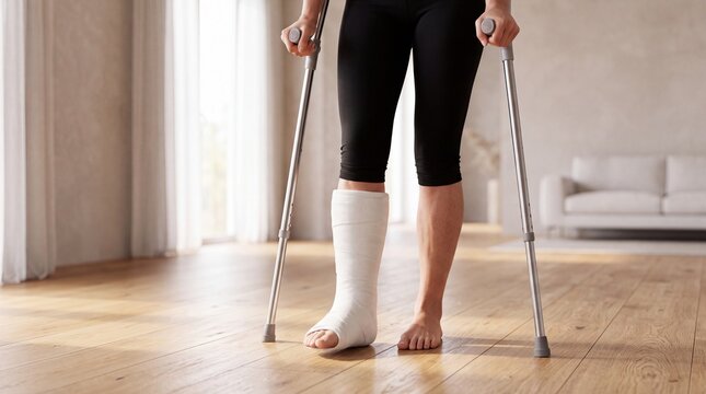 Injured woman with broken leg in plaster fiberglass cast walking with crutches on wooden floor at home.